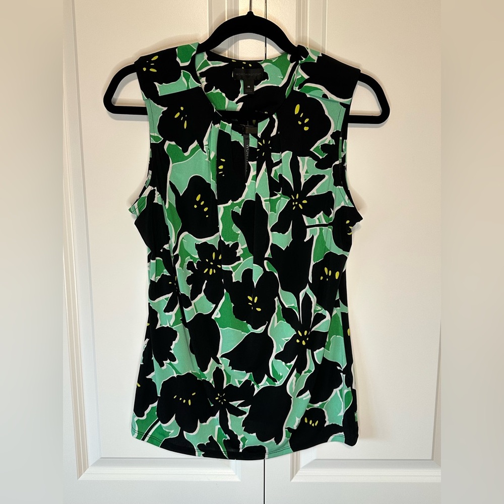 Worthington Black and Green Floral Blouse Business Casual